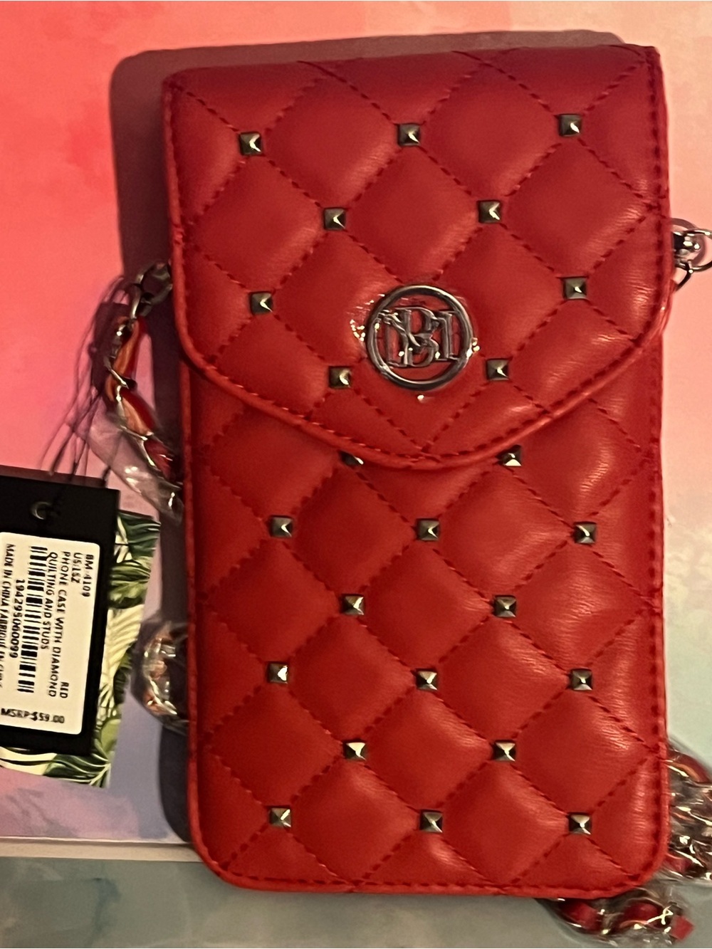 Badgley Mischka Red Quilted Crossbody Phone Case with Studs